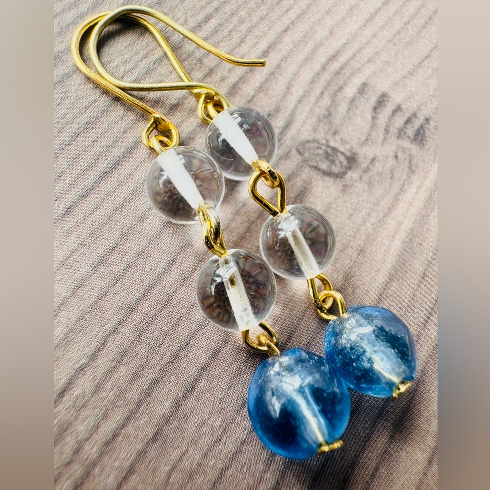 “Maritime” One of a kind, glass and brass nautical earrings, handmade and NWT